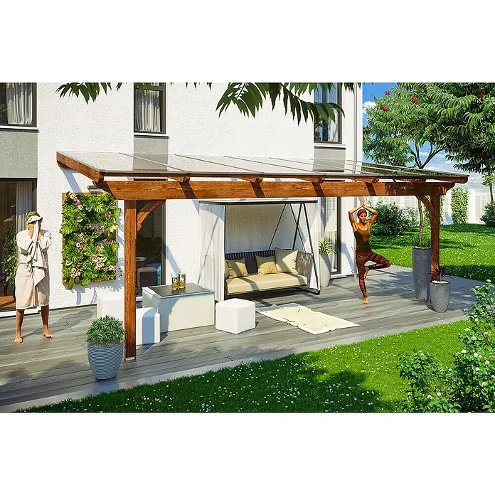 Skan Holz Terrassenüberdachung Ravenna - L x T: 648 x 350 cm, Polycarbonat, Nussbaum - Stimmungsaufnahme