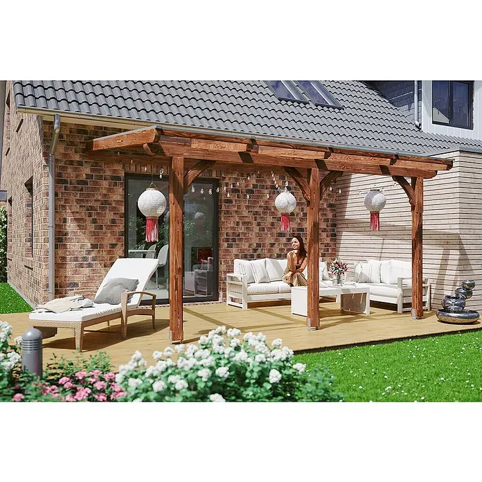 Skan Holz Terrassenüberdachung Rimini - B x T: 343 x 300 cm, Nussbaum - Stimmungsaufnahme