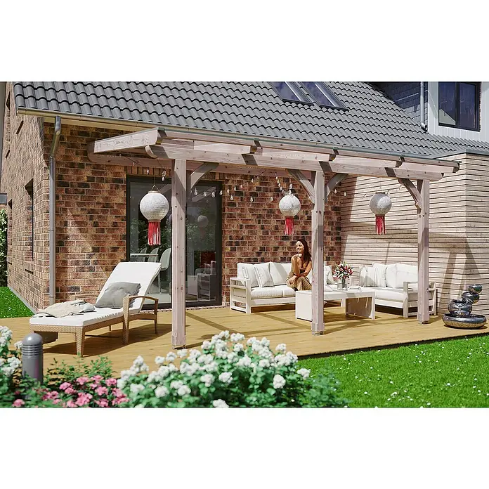 Skan Holz Terrassenüberdachung Rimini - B x T: 434 x 300 cm, Natur - Stimmungsaufnahme