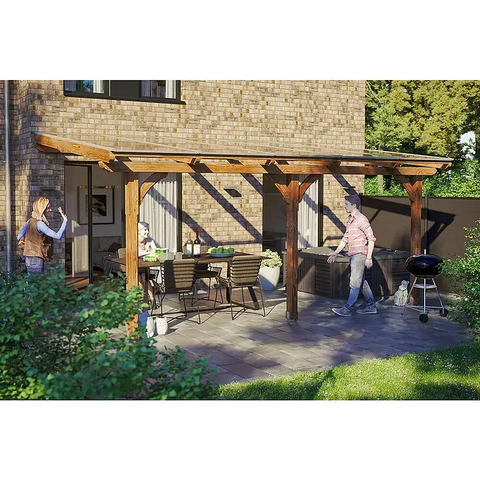 Skan Holz Terrassenüberdachung Rimini - B x T: 541 x 250 cm, Douglasienholz, Nussbaum - Stimmungsaufnahme
