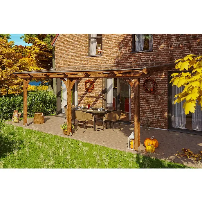 Skan Holz Terrassenüberdachung Rimini - B x T: 648 x 300 cm, Douglasienholz, Nussbaum - Stimmungsaufnahme