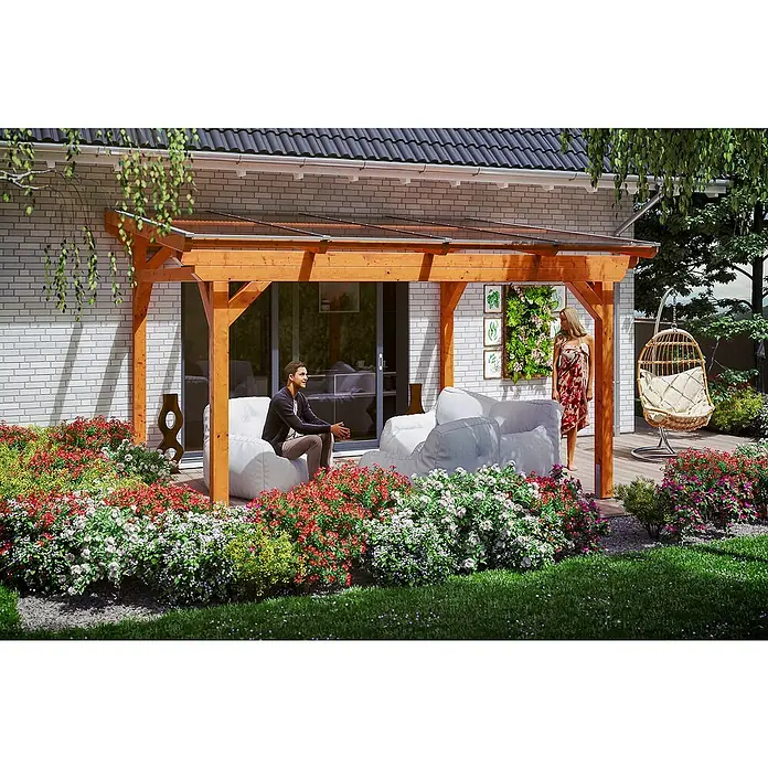 Skan Holz Terrassenüberdachung Sanremo - B x T: 434 x 350 cm, Eiche Hell, Fichtenholz - Stimmungsaufnahme