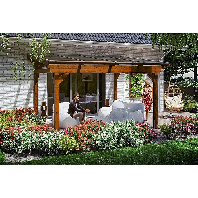 Skan Holz Terrassenüberdachung Sanremo - B x T: 434 x 350 cm, Nussbaum, Fichtenholz - Stimmungsaufnahme