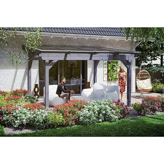 Skan Holz Terrassenüberdachung Sanremo - B x T: 434 x 350 cm, Schiefergrau, Fichtenholz - Stimmungsaufnahme