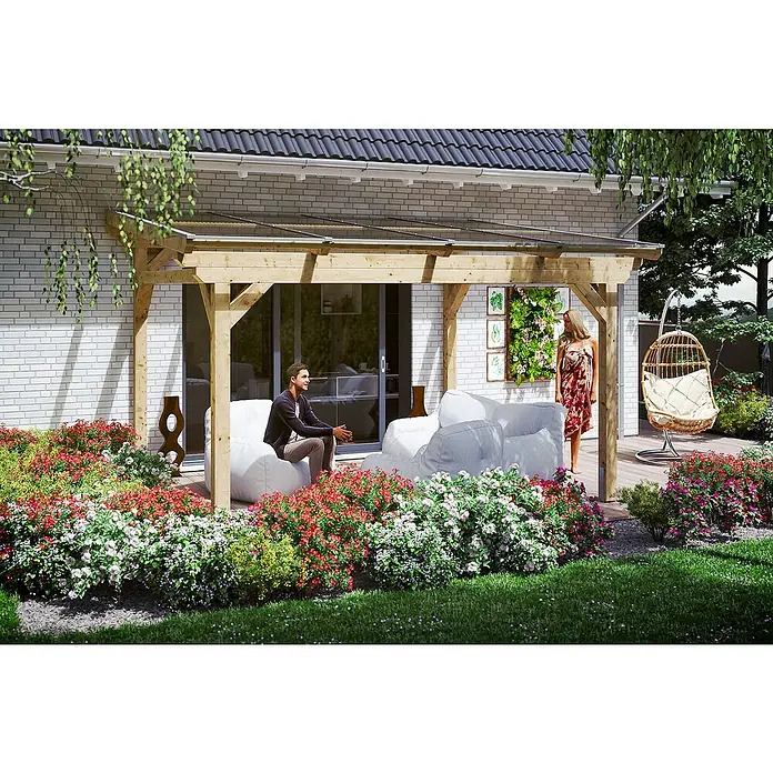 Skan Holz Terrassenüberdachung Sanremo - B x T: 434 x 250 cm, Natur, Fichtenholz - Stimmungsaufnahme