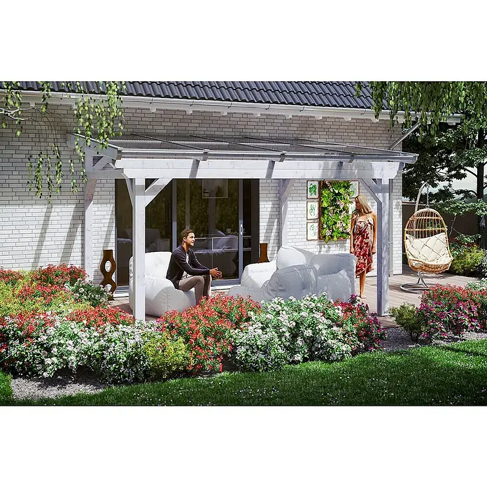 Skan Holz Terrassenüberdachung Sanremo - B x T: 434 x 250 cm, Weiß, Fichtenholz - Stimmungsaufnahme