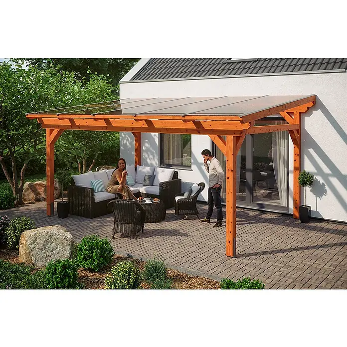 Skan Holz Terrassenüberdachung Sanremo - B x T: 541 x 400 cm, Eiche Hell, Fichtenholz - Stimmungsaufnahme