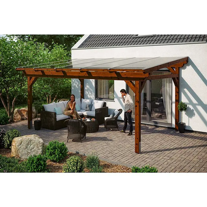 Skan Holz Terrassenüberdachung Sanremo - L x T: 541 x 250 cm, Polycarbonat, Nussbaum, Transparent - Stimmungsaufnahme