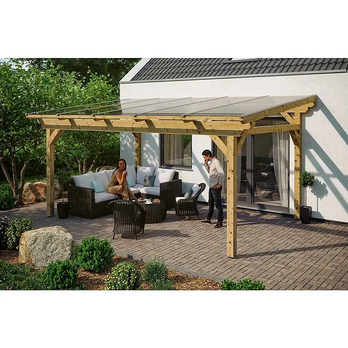Skan Holz Terrassenüberdachung Sanremo - B x T: 541 x 250 cm, Natur, Fichtenholz - Stimmungsaufnahme