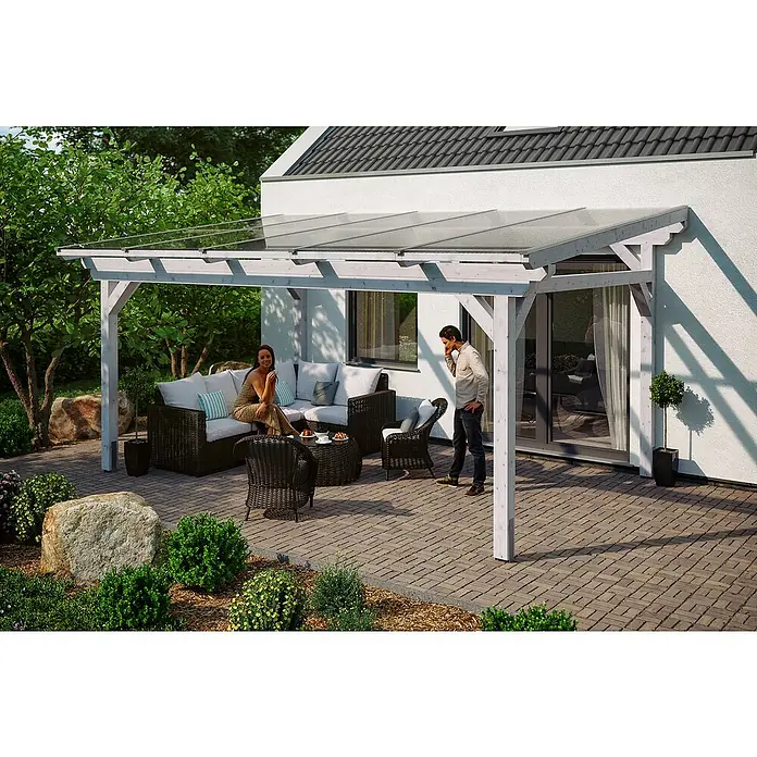 Skan Holz Terrassenüberdachung Sanremo - B x T: 541 x 400 cm, Weiß, Fichtenholz - Stimmungsaufnahme