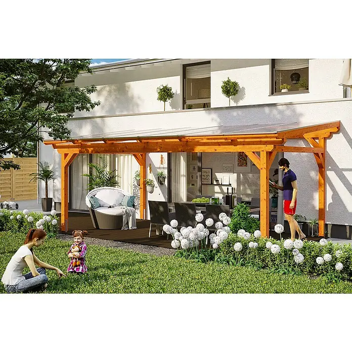 Skan Holz Terrassenüberdachung Sanremo - B x T: 648 x 300 cm, Eiche Hell, Fichtenholz - Stimmungsaufnahme