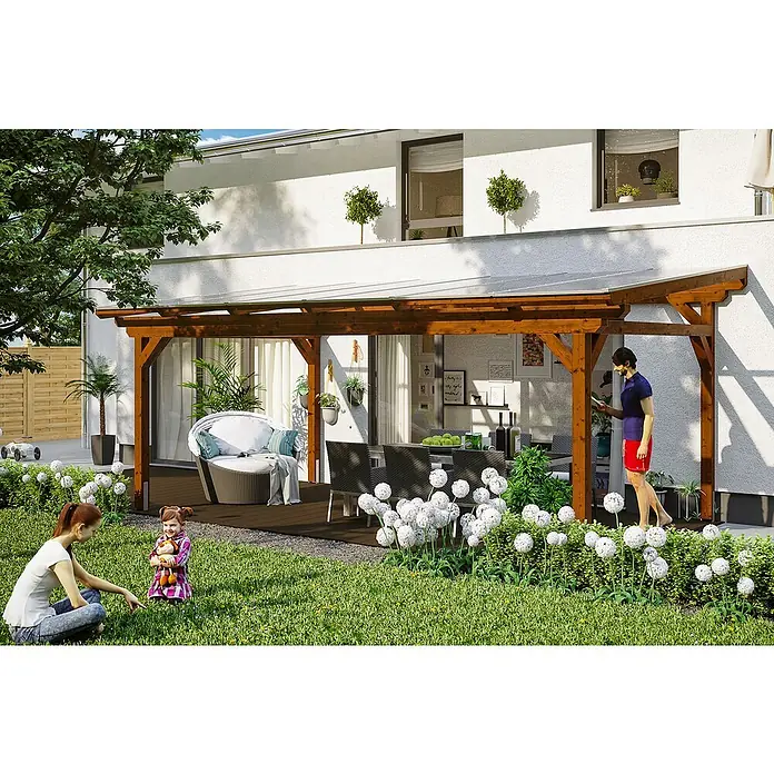 Skan Holz Terrassenüberdachung Sanremo - L x T: 648 x 300 cm, Polycarbonat, Nussbaum, Transparent - Stimmungsaufnahme