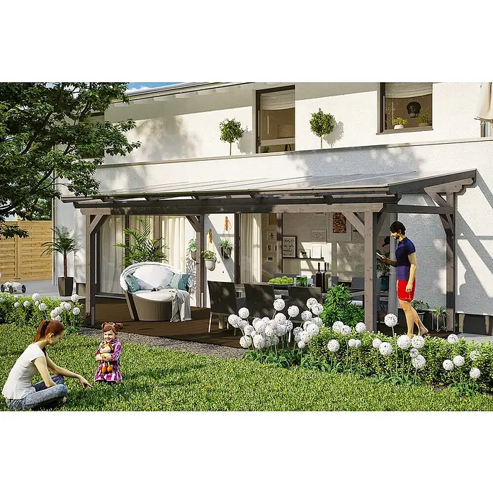 Skan Holz Terrassenüberdachung Sanremo - B x T: 648 x 300 cm, Schiefergrau, Fichtenholz - Stimmungsaufnahme