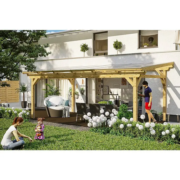 Skan Holz Terrassenüberdachung Sanremo - B x T: 648 x 300 cm, Natur, Fichtenholz - Stimmungsaufnahme