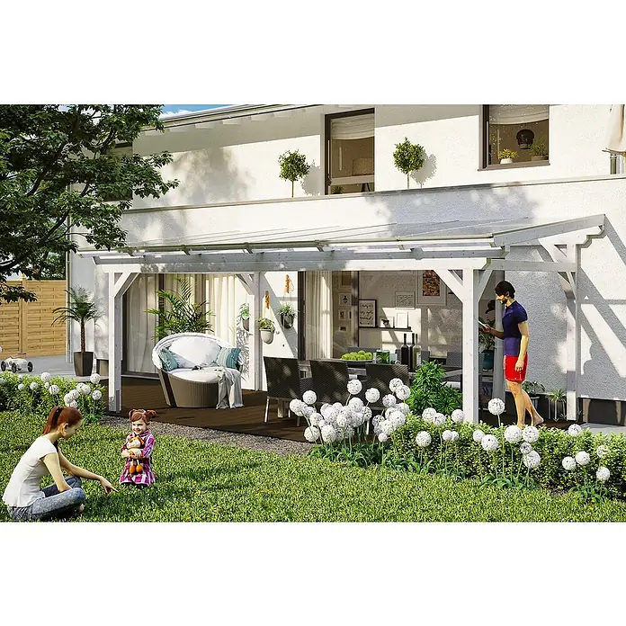 Skan Holz Terrassenüberdachung Sanremo - B x T: 648 x 250 cm, Weiß, Fichtenholz - Stimmungsaufnahme
