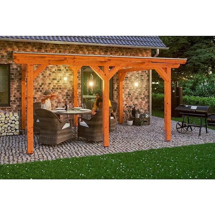 Skan Holz Terrassenüberdachung Siena - B x T: 434 x 250 cm, Fichtenholz, Eiche Hell - Stimmungsaufnahme