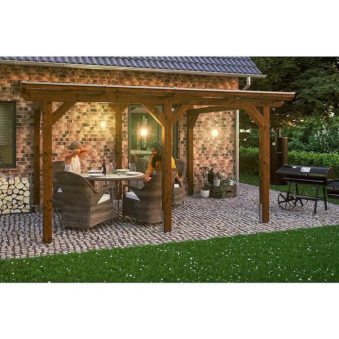 Skan Holz Terrassenüberdachung Siena - B x T: 434 x 300 cm, Fichtenholz, Nussbaum - Stimmungsaufnahme