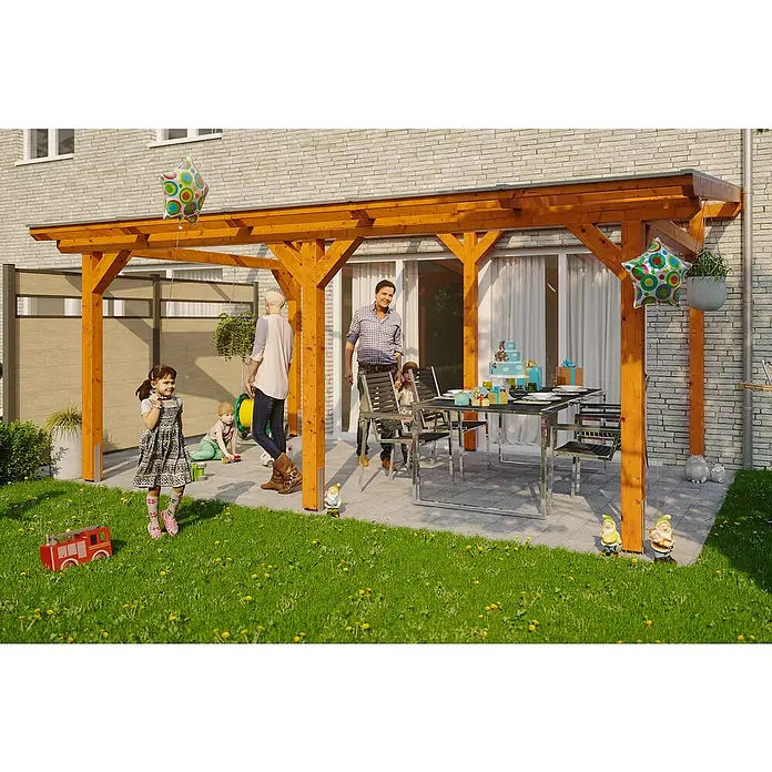 Skan Holz Terrassenüberdachung Siena - B x T: 541 x 400 cm, Fichtenholz, Eiche Hell - Stimmungsaufnahme