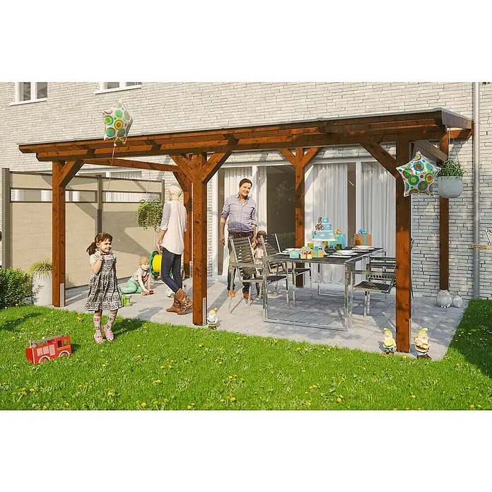 Skan Holz Terrassenüberdachung Siena - B x T: 541 x 250 cm, Fichtenholz, Nussbaum - Stimmungsaufnahme