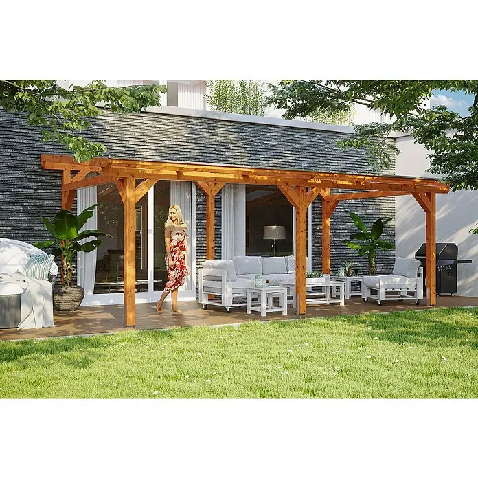 Skan Holz Terrassenüberdachung Siena - B x T: 648 x 300 cm, Fichtenholz, Eiche Hell - Stimmungsaufnahme