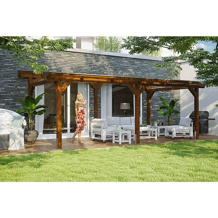 Skan Holz Terrassenüberdachung Siena - B x T: 648 x 350 cm, Fichtenholz, Nussbaum - Stimmungsaufnahme