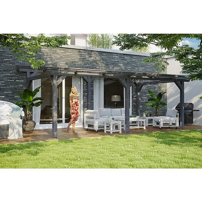 Skan Holz Terrassenüberdachung Siena - B x T: 648 x 350 cm, Fichtenholz, Schiefergrau - Stimmungsaufnahme