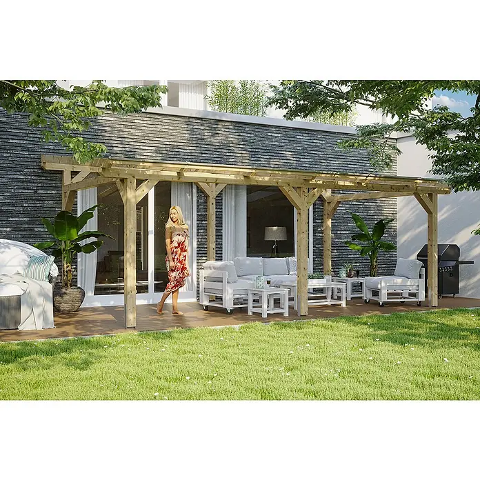 Skan Holz Terrassenüberdachung Siena - B x T: 648 x 350 cm, Fichtenholz, Natur - Stimmungsaufnahme