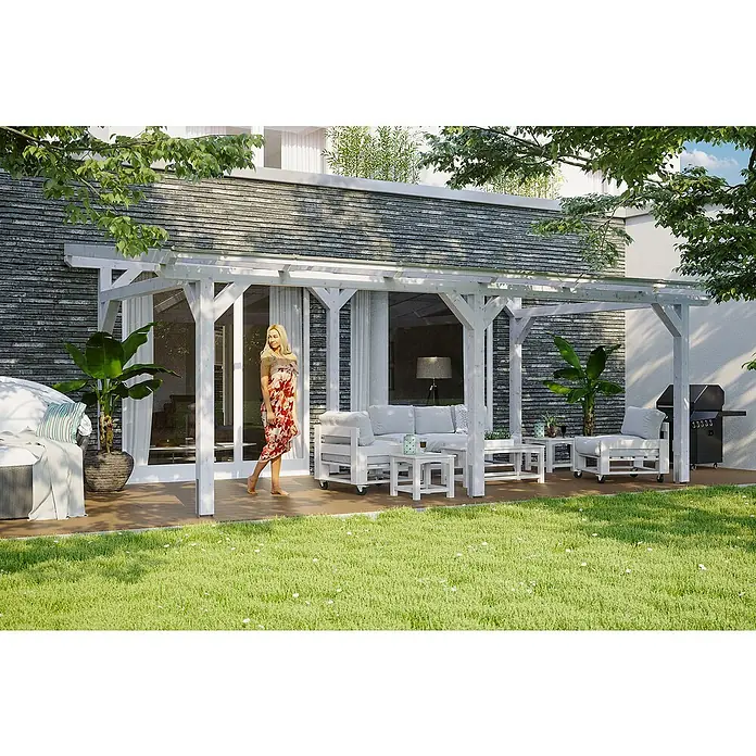 Skan Holz Terrassenüberdachung Siena - B x T: 648 x 350 cm, Fichtenholz, Weiß - Stimmungsaufnahme