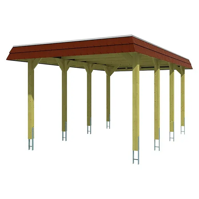 Skan Holz Carport Spreewald - L x B: 589 x 345 cm, Einfahrtshöhe: 206 cm, Nussbaum/Rot, Aluminium-Dachplatten - Diagonale Ansicht