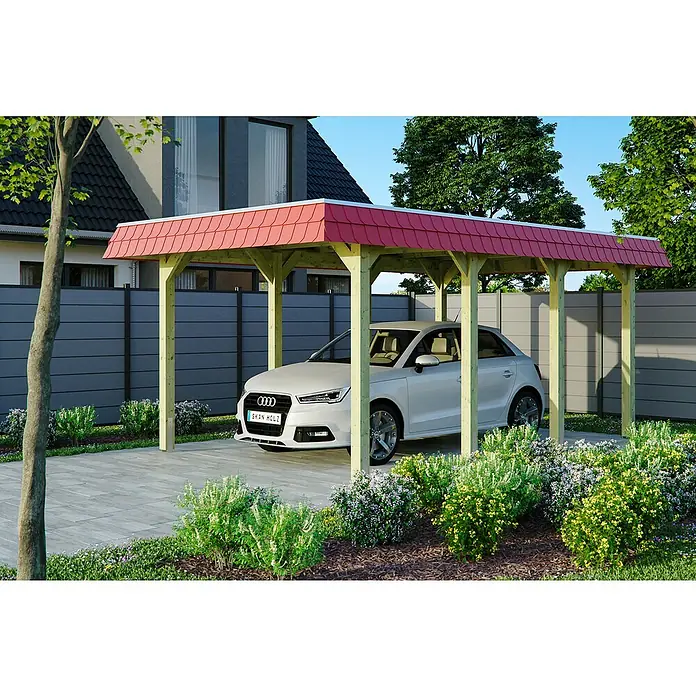 Skan Holz Carport Spreewald - L x B: 589 x 345 cm, Einfahrtshöhe: 206 cm, Grün/Rot, Dachschalung mit EPDM-Folie - Anwendungsbeispiel
