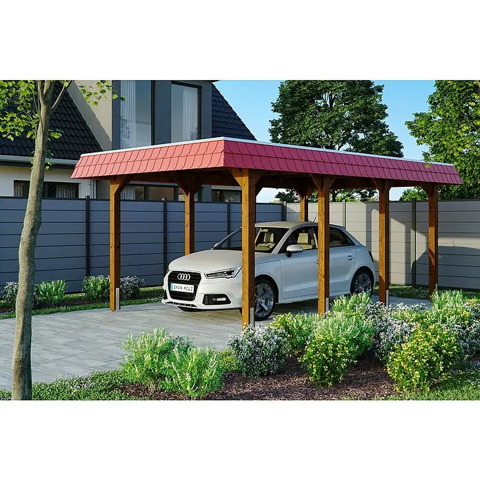 Skan Holz Carport Spreewald - L x B: 589 x 345 cm, Einfahrtshöhe: 206 cm, Nussbaum/Rot, Aluminium-Dachplatten - Anwendungsbeispiel