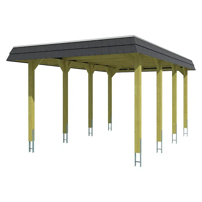 Skan Holz Carport Spreewald - L x B: 589 x 345 cm, Einfahrtshöhe: 206 cm, Nussbaum/Schwarz, Dachschalung mit EPDM-Folie - Diagonale Ansicht