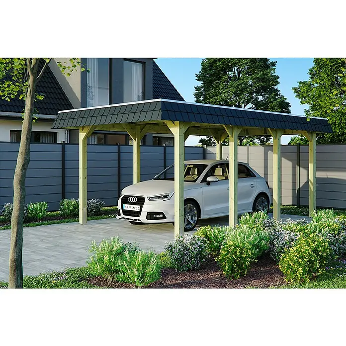 Skan Holz Carport Spreewald - L x B: 589 x 345 cm, Einfahrtshöhe: 206 cm, Grün/Schwarz, Aluminium-Dachplatten - Anwendungsbeispiel