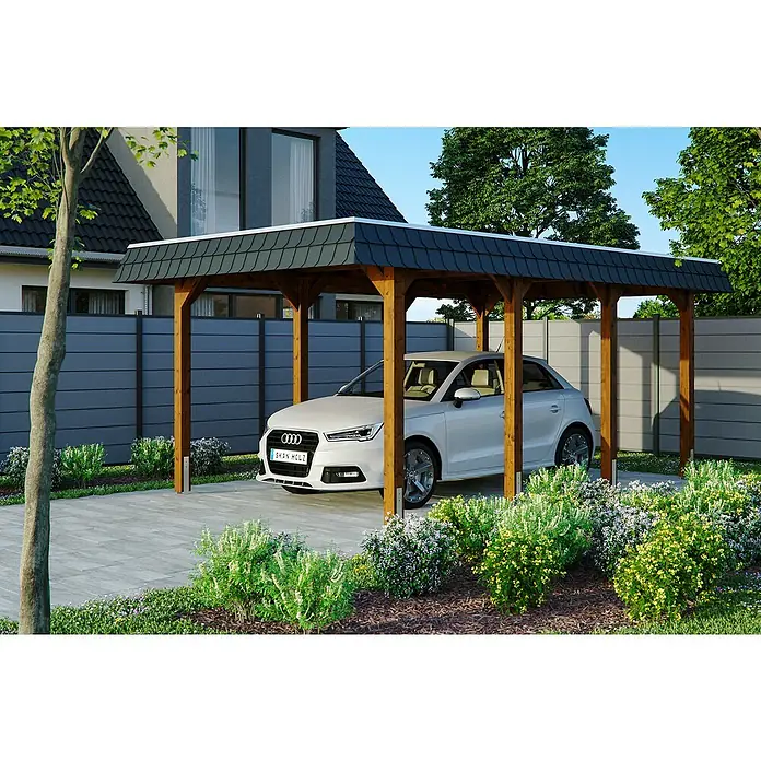 Skan Holz Carport Spreewald - L x B: 589 x 345 cm, Einfahrtshöhe: 206 cm, Nussbaum/Schwarz, Dachschalung mit EPDM-Folie - Anwendungsbeispiel