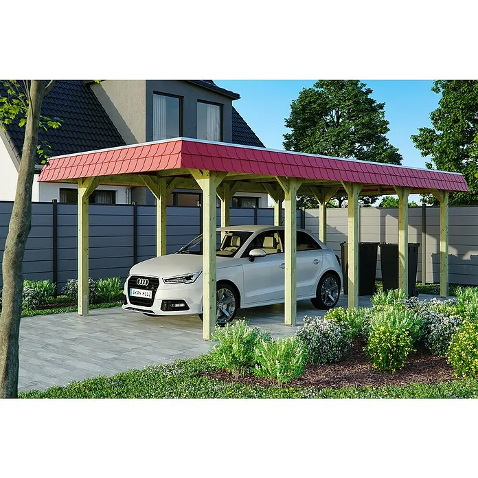 Skan Holz Carport Spreewald - L x B: 741 x 345 cm, Einfahrtshöhe: 206 cm, Grün/Rot, Aluminium-Dachplatten - Anwendungsbeispiel