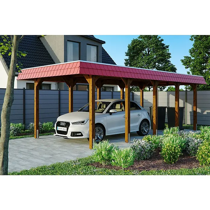 Skan Holz Carport Spreewald - L x B: 741 x 345 cm, Einfahrtshöhe: 206 cm, Nussbaum/Rot, Aluminium-Dachplatten - Anwendungsbeispiel