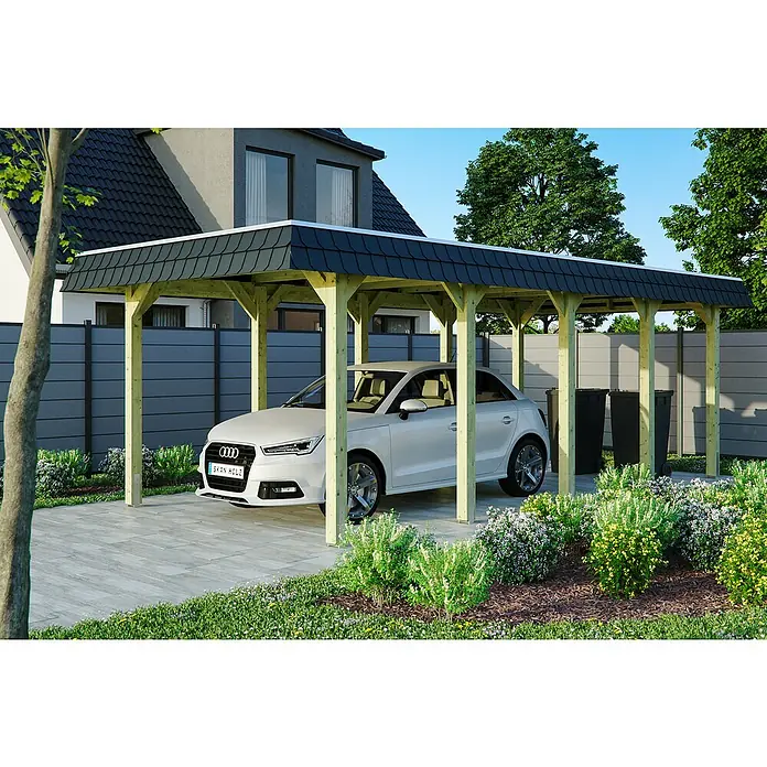 Skan Holz Carport Spreewald - L x B: 741 x 345 cm, Einfahrtshöhe: 206 cm, Grün/Schwarz, Aluminium-Dachplatten - Anwendungsbeispiel