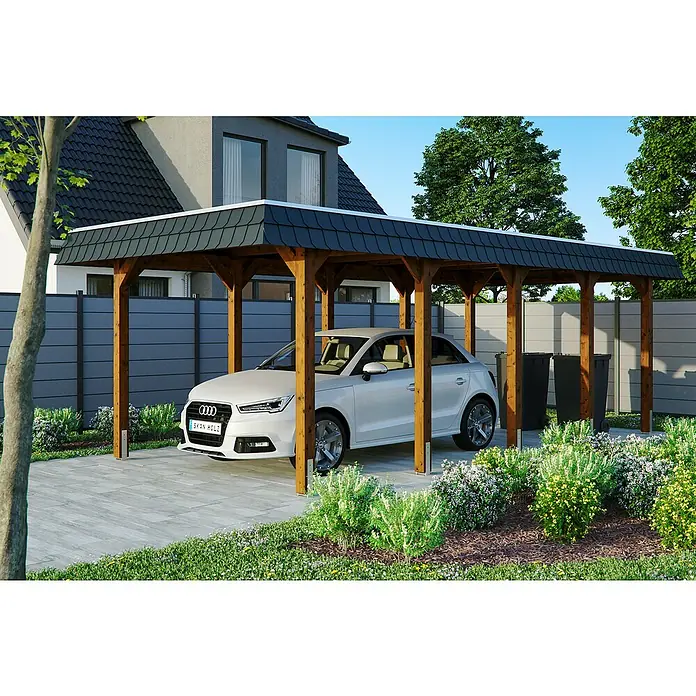 Skan Holz Carport Spreewald - L x B: 741 x 345 cm, Einfahrtshöhe: 206 cm, Nussbaum/Schwarz, Dachschalung mit EPDM-Folie - Anwendungsbeispiel