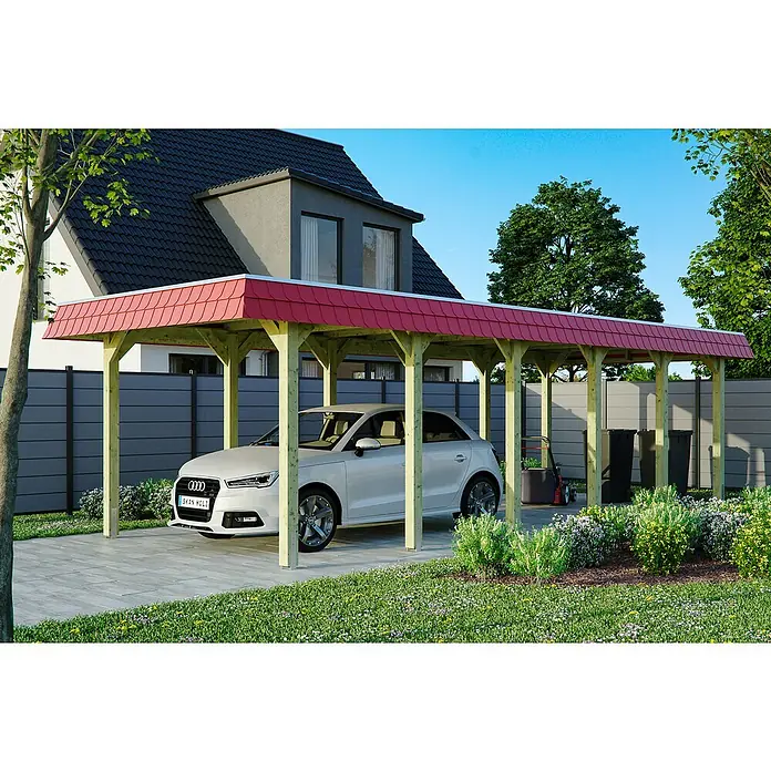 Skan Holz Carport Spreewald - L x B: 893 x 345 cm, Einfahrtshöhe: 206 cm, Grün/Rot, Dachschalung mit EPDM-Folie - Anwendungsbeispiel