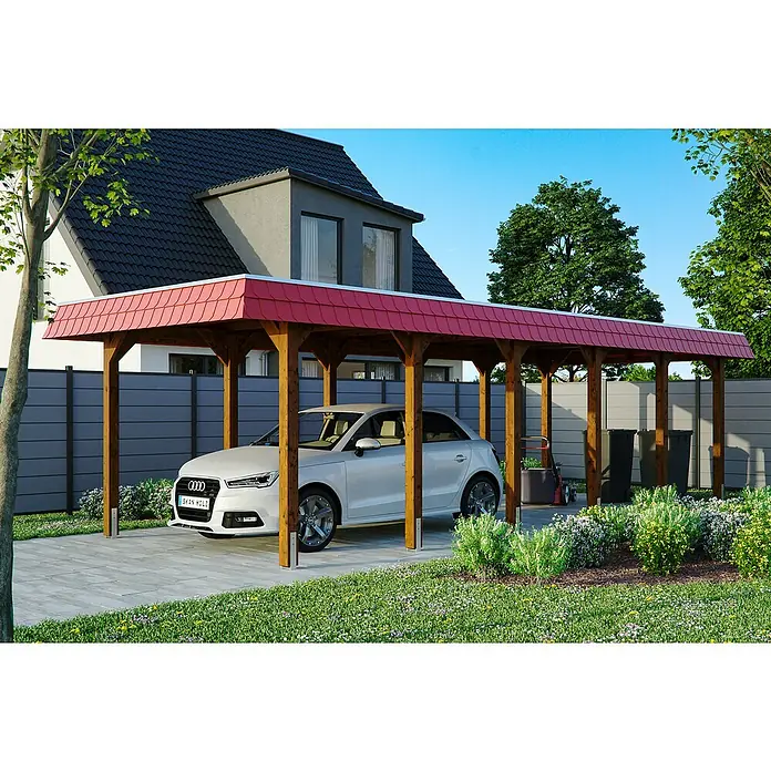 Skan Holz Carport Spreewald - L x B: 893 x 345 cm, Einfahrtshöhe: 206 cm, Nussbaum/Rot, Dachschalung mit EPDM-Folie - Anwendungsbeispiel
