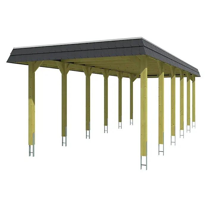Skan Holz Carport Spreewald - L x B: 893 x 345 cm, Einfahrtshöhe: 206 cm, Nussbaum/Schwarz, Dachschalung mit EPDM-Folie - Diagonale Ansicht
