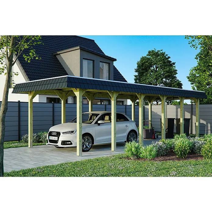 Skan Holz Carport Spreewald - L x B: 893 x 345 cm, Einfahrtshöhe: 206 cm, Grün/Schwarz, Dachschalung mit EPDM-Folie - Anwendungsbeispiel