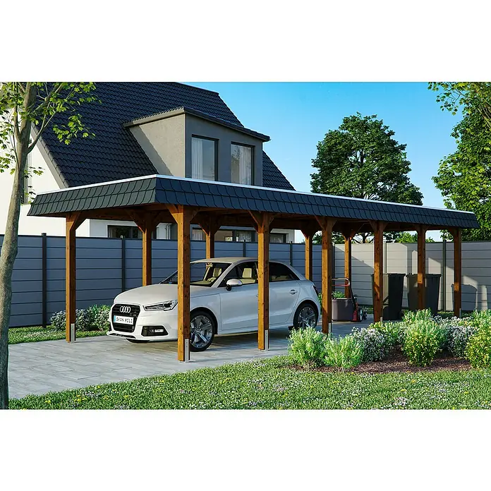 Skan Holz Carport Spreewald - L x B: 893 x 345 cm, Einfahrtshöhe: 206 cm, Nussbaum/Schwarz, Dachschalung mit EPDM-Folie - Anwendungsbeispiel
