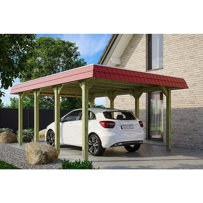 Skan Holz Carport Spreewald - L x B: 589 x 396 cm, Einfahrtshöhe: 209 cm, Grün/Rot, Aluminium-Dachplatten - Anwendungsbeispiel