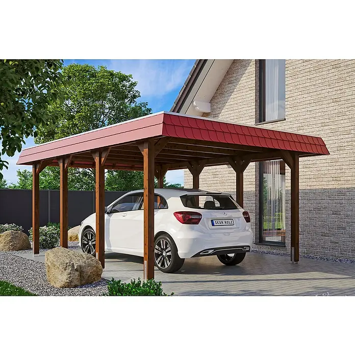 Skan Holz Carport Spreewald - L x B: 589 x 396 cm, Einfahrtshöhe: 209 cm, Nussbaum/Rot, Aluminium-Dachplatten - Anwendungsbeispiel