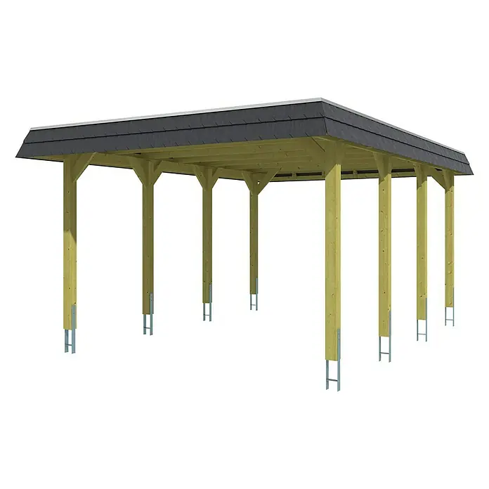 Skan Holz Carport Spreewald - L x B: 589 x 396 cm, Einfahrtshöhe: 209 cm, Nussbaum/Schwarz, Aluminium-Dachplatten - Diagonale Ansicht