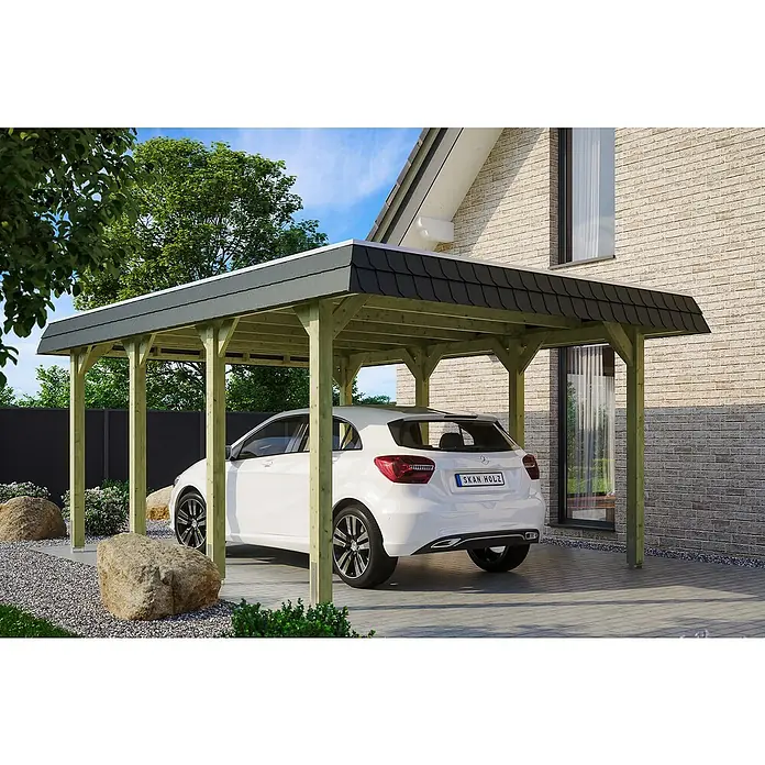 Skan Holz Carport Spreewald - L x B: 589 x 396 cm, Einfahrtshöhe: 209 cm, Grün/Schwarz, Aluminium-Dachplatten - Anwendungsbeispiel