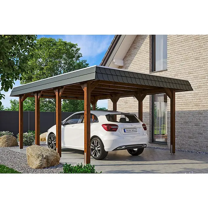Skan Holz Carport Spreewald - L x B: 589 x 396 cm, Einfahrtshöhe: 209 cm, Nussbaum/Schwarz, Aluminium-Dachplatten - Anwendungsbeispiel