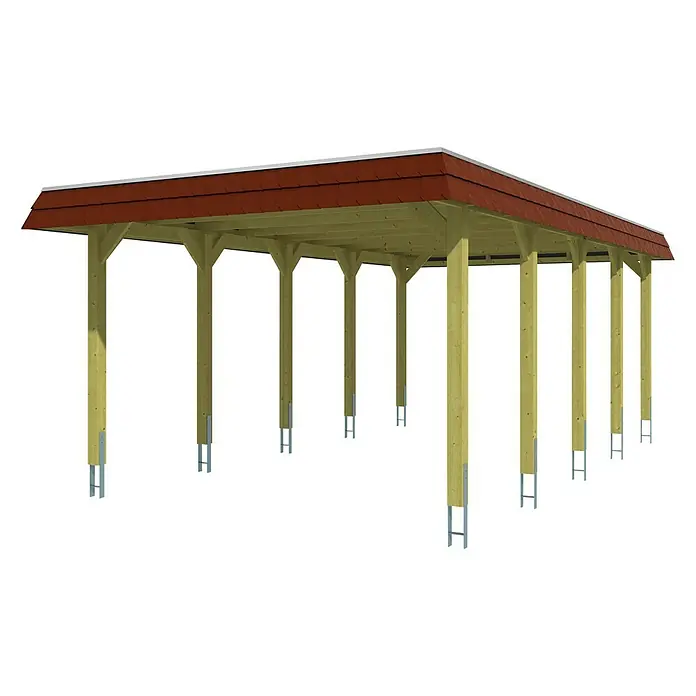 Skan Holz Carport Spreewald - L x B: 741 x 396 cm, Einfahrtshöhe: 209 cm, Nussbaum/Rot, Aluminium-Dachplatten - Diagonale Ansicht