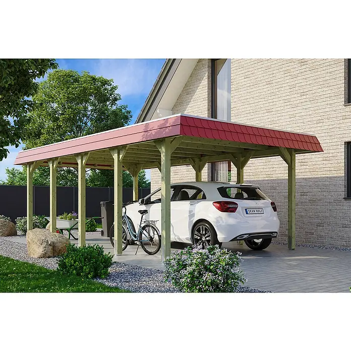 Skan Holz Carport Spreewald - L x B: 741 x 396 cm, Einfahrtshöhe: 209 cm, Grün/Rot, Dachschalung mit EPDM-Folie - Anwendungsbeispiel